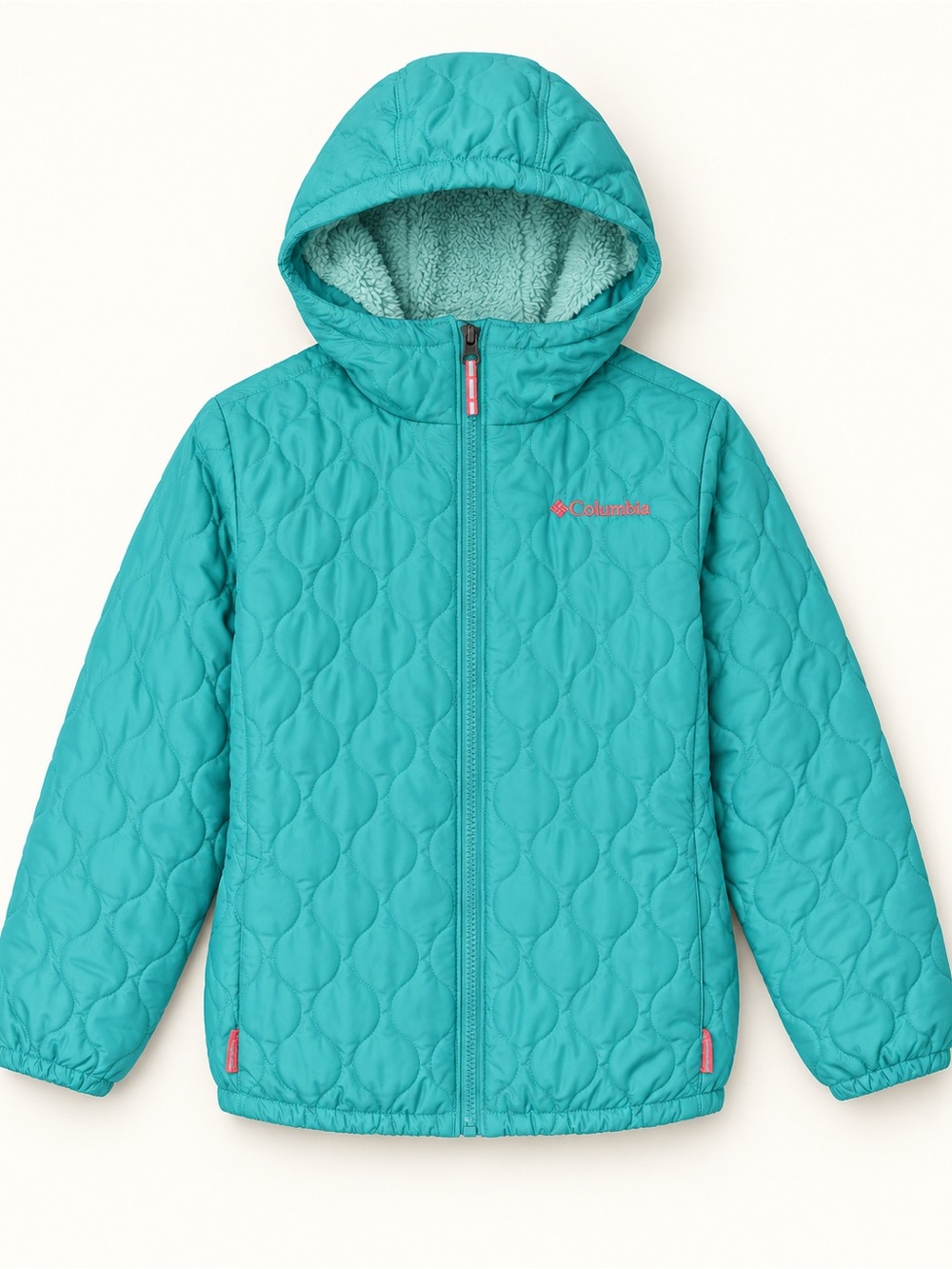 Columbia Girls Teal Quilted Fleece Lined Hooded Jacket Pink Accents Size XL